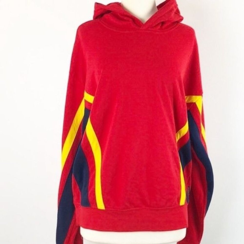 Red Ninth Hall Hoodie With Yellow & Navy Sleeve Stripes Cotton-Polyester Blend M